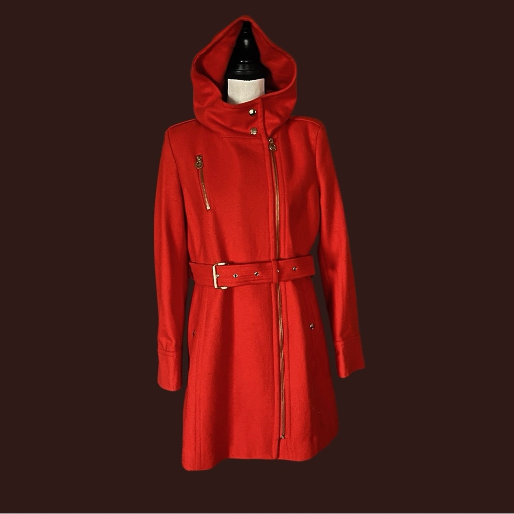 Michael Michael Kors Orange Wool Blend Hooded Belted Coat. SZ.8 - Picture 3 of 11